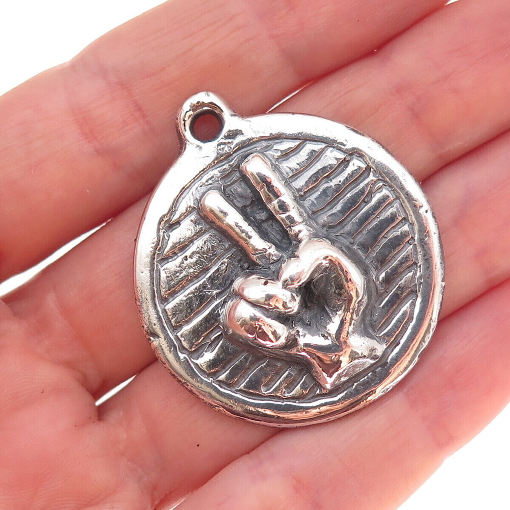 925 Sterling Silver Vintage Peace Hand Sign Heavy 30.1g Oxidized Pendant